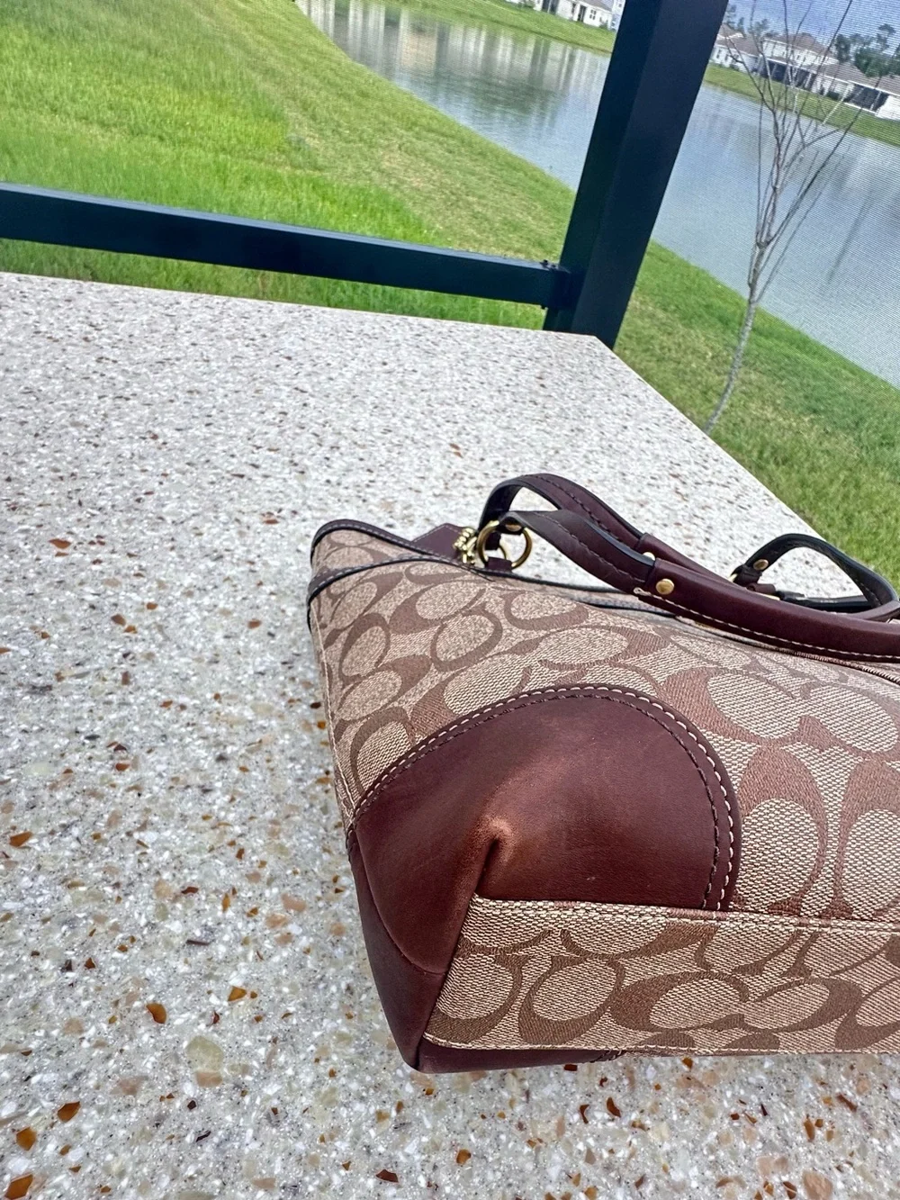 Coach Brown Signature Canvas Tote with Cream Stripe